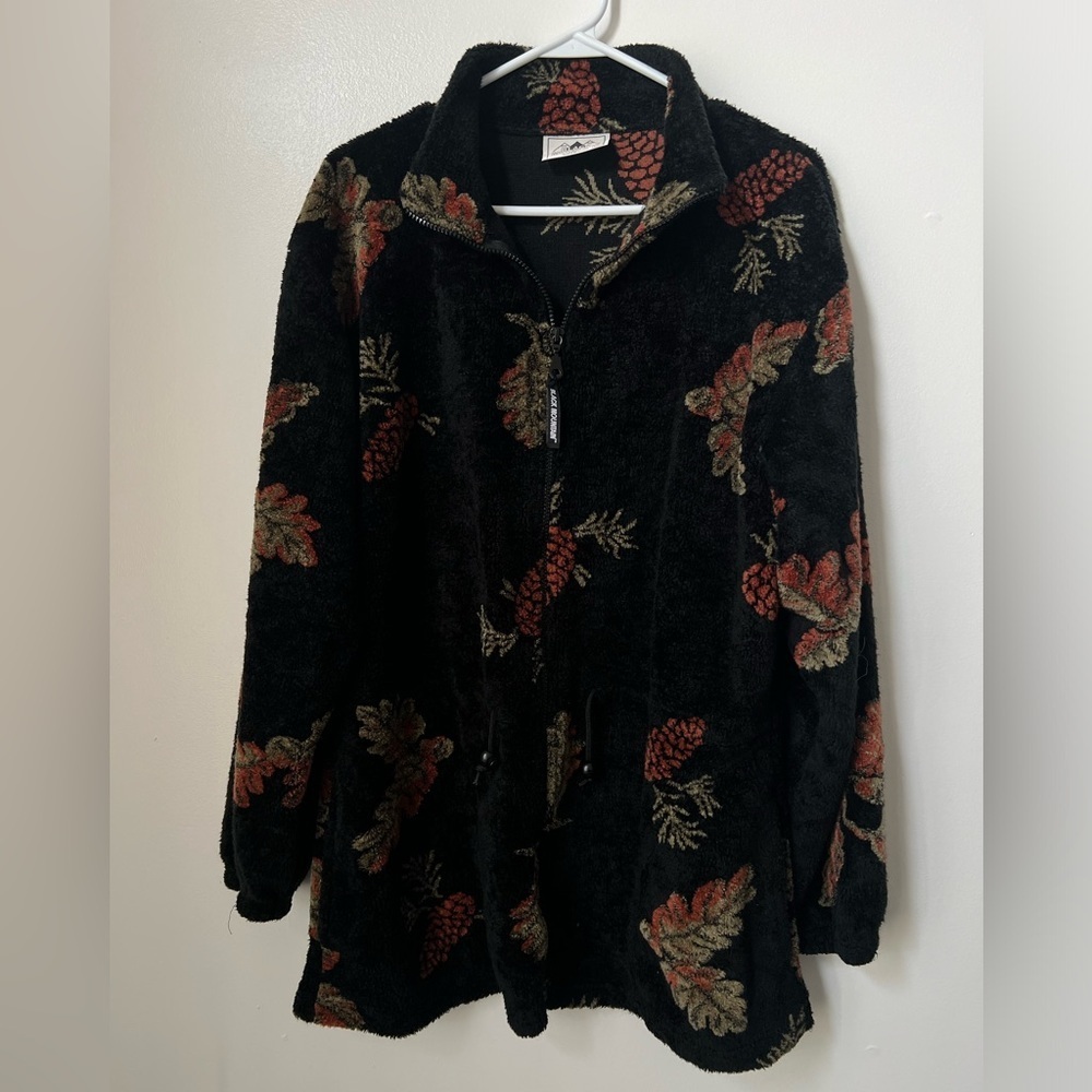 Black Mountain Vintage Black Pine Cone Print Bungee Zip Up Fleece Jacket